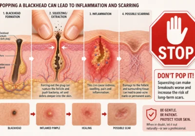 Illustration warning against popping blackheads with fingers, showing skin damage and safer extraction methods.
