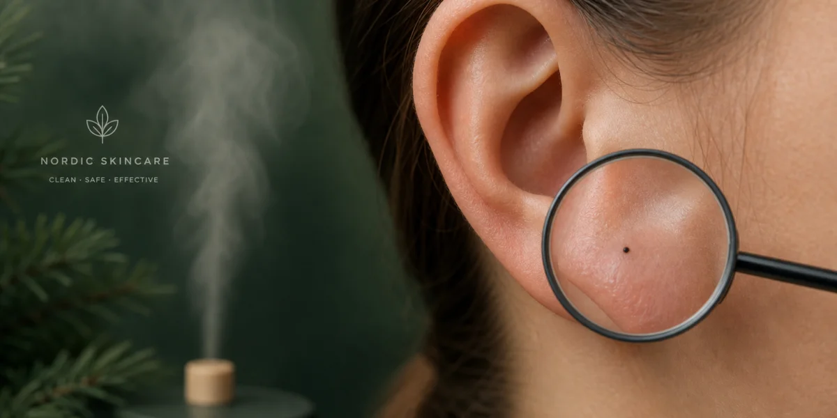 Close-up of a human ear with a magnified view of a blackhead, promoting safe removal and ear skincare