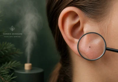 Close-up of a human ear with a magnified view of a blackhead, promoting safe removal and ear skincare