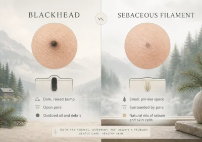 Visual comparison of a blackhead (dark, raised) and sebaceous filament (tiny gray speck) on skin pores.