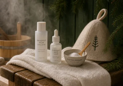 Chemical exfoliator for blackheads with salicylic acid, glycolic acid, and enzyme products in a spa setting