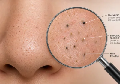 Close-up of tiny blackheads on nose compared to sebaceous filaments and hair follicles